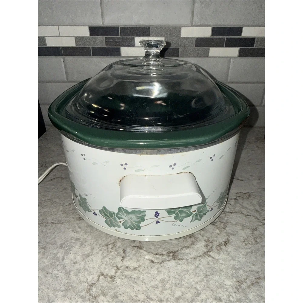 Vtg Rival Slow Cooker 3745 Oval 4.5 Qt Crock-Pot Ivy & Grapes Green White